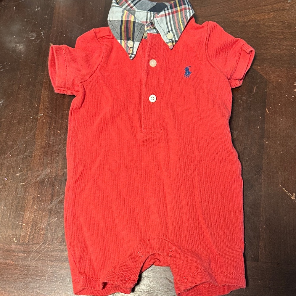 Ralph Lauren Red Romper with Plaid Accents
